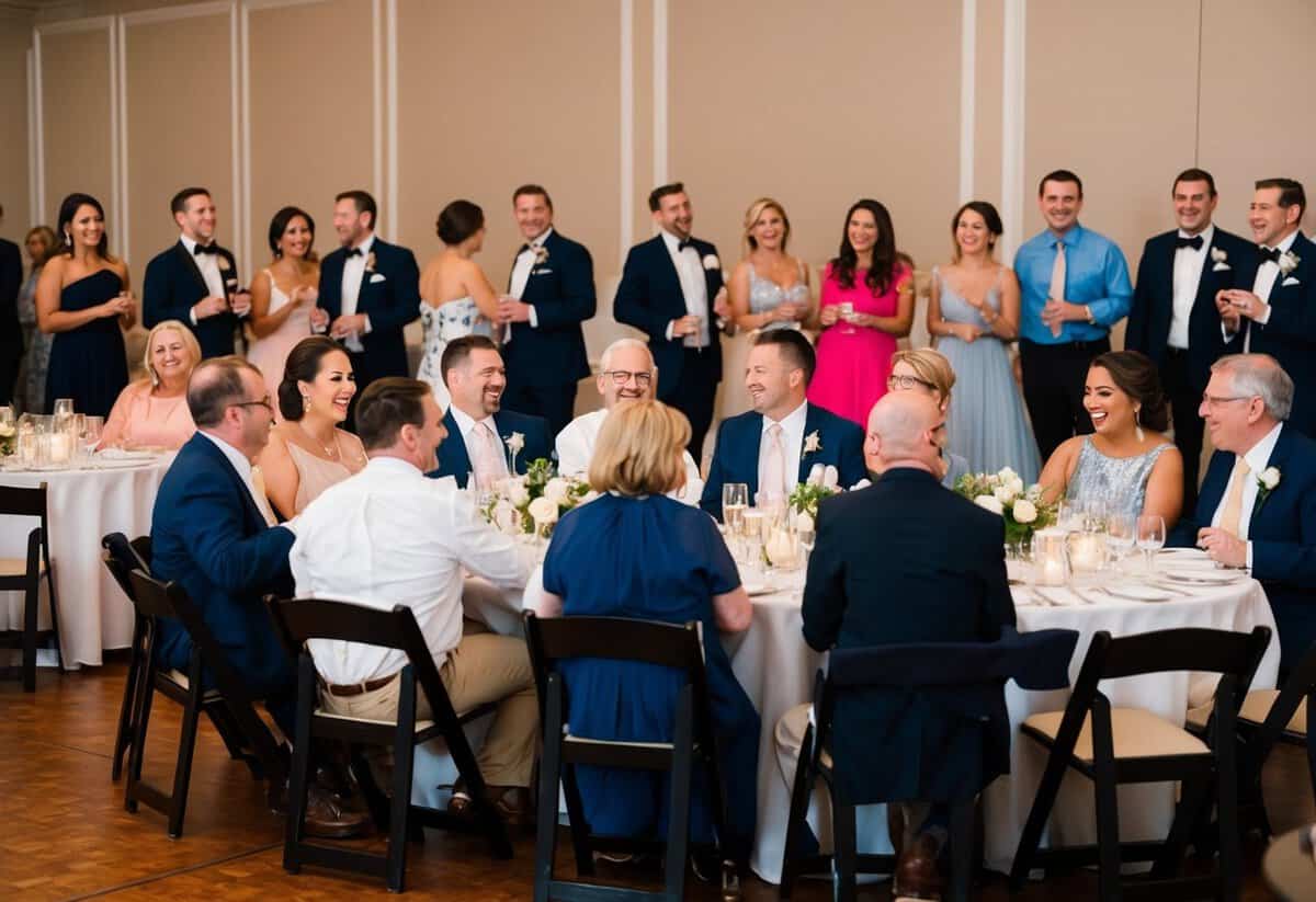 A group of guests sitting at tables, chatting and laughing while others are on the dance floor, some standing on the sidelines, watching and smiling