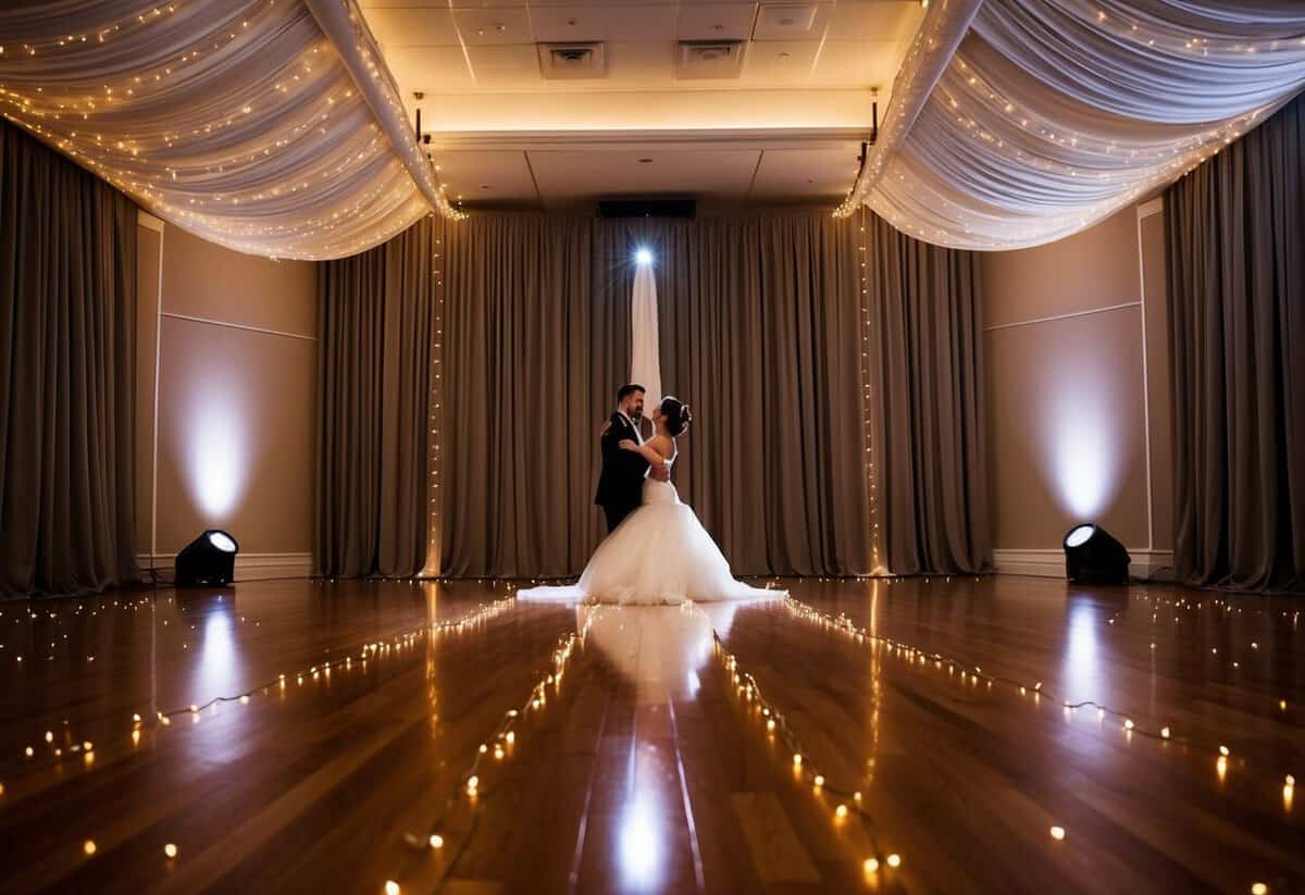 A dimly lit ballroom with a polished wooden floor, adorned with twinkling fairy lights and draped in elegant fabric. A single spotlight illuminates the center, creating a romantic and intimate atmosphere for the first dance