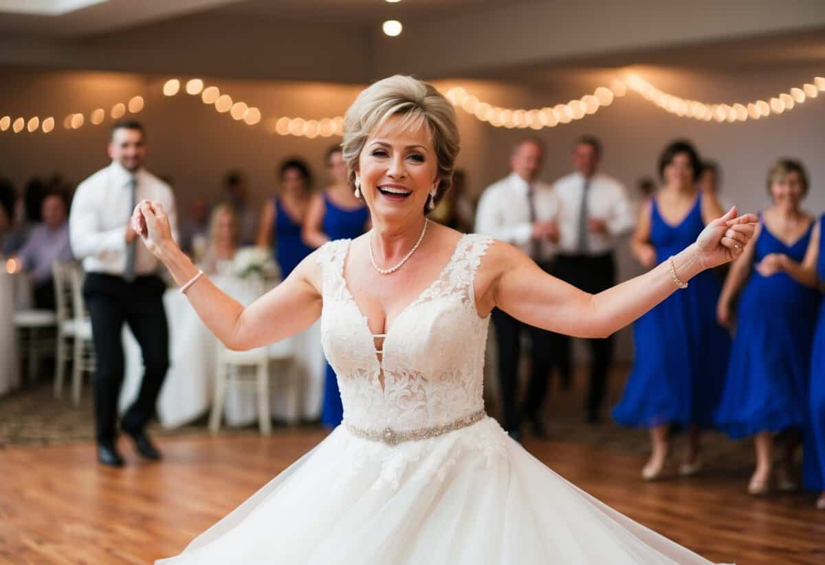 The mother of the bride twirls in a joyful dance, her eyes sparkling with happiness as she moves gracefully across the floor