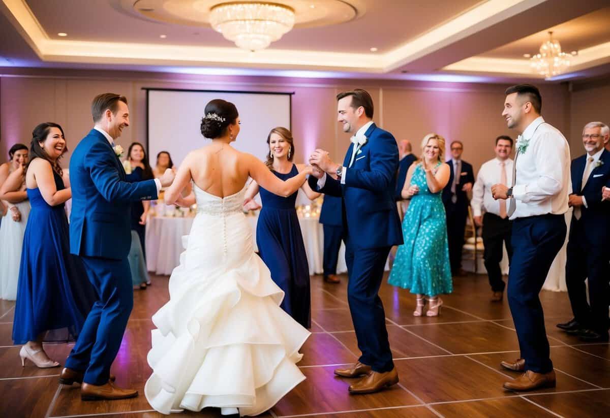 A group of people on a dance floor at a wedding, some dancing and others chatting and watching from the sidelines