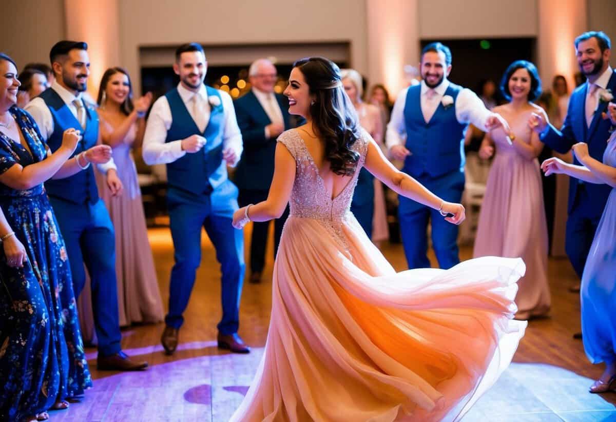 A woman in a flowing dress twirls gracefully on a dance floor, surrounded by joyful guests