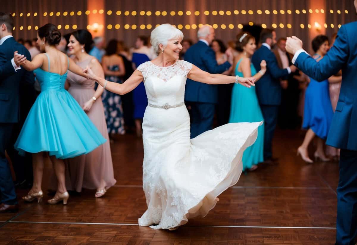 The mother of the bride gracefully dances with a partner on the crowded dance floor