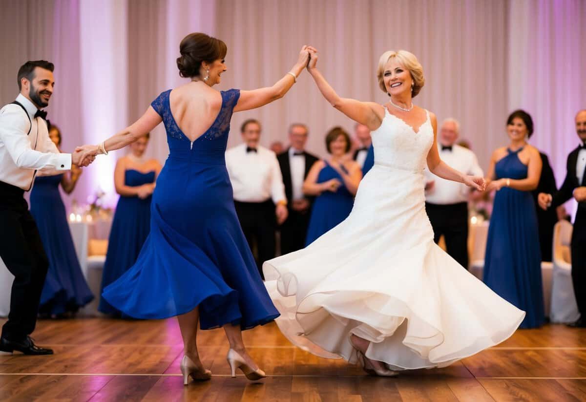 The mother of the bride dances gracefully with a partner, twirling and spinning across the dance floor in a joyful and elegant manner