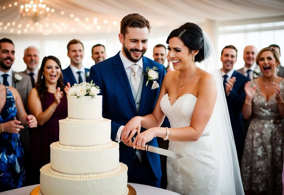 A bride and groom stand together, smiling, as they cut into a multi-tiered wedding cake surrounded by cheering guests