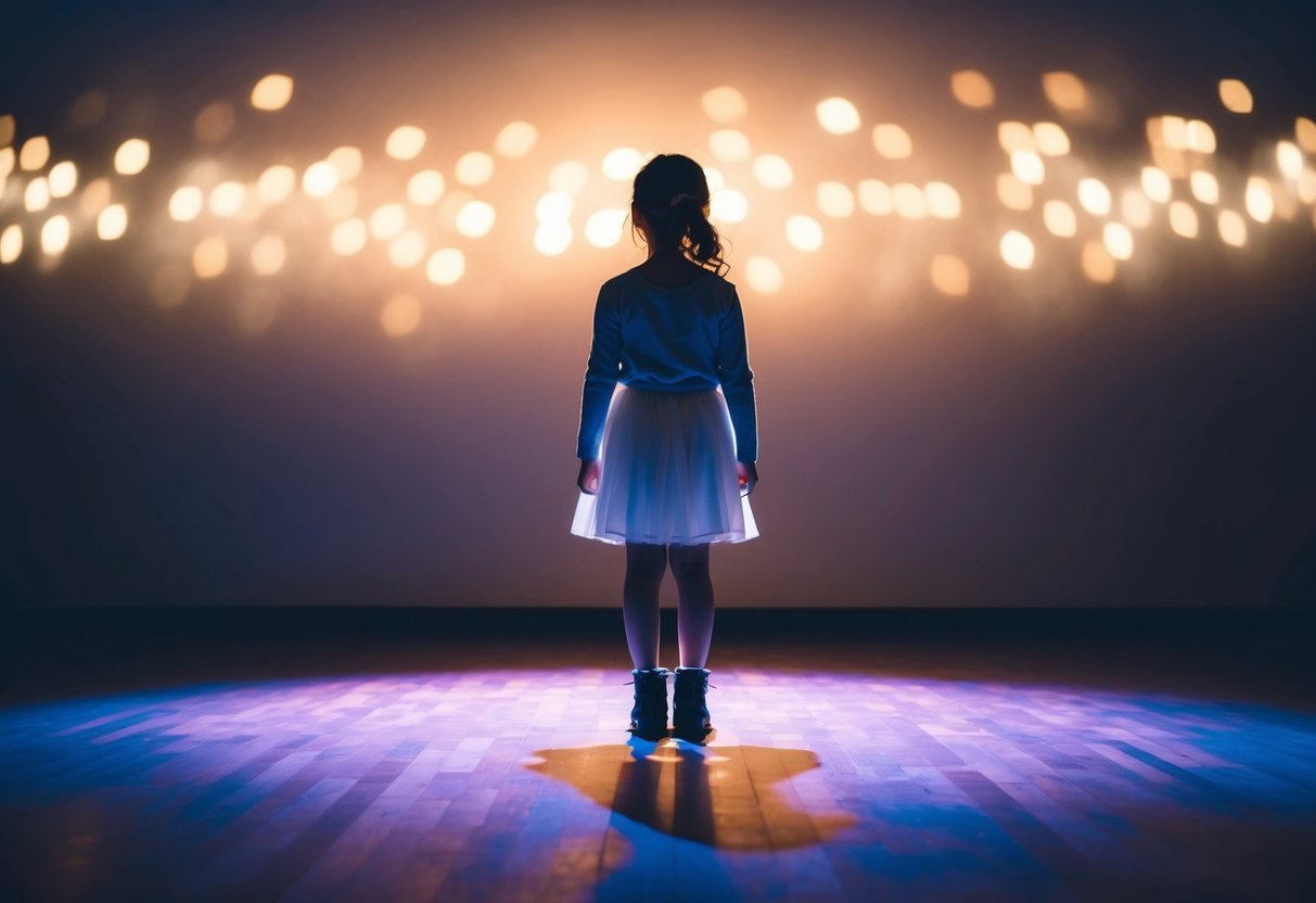 A young girl stands alone on a dimly lit dance floor, looking out at the empty space where her father should have been