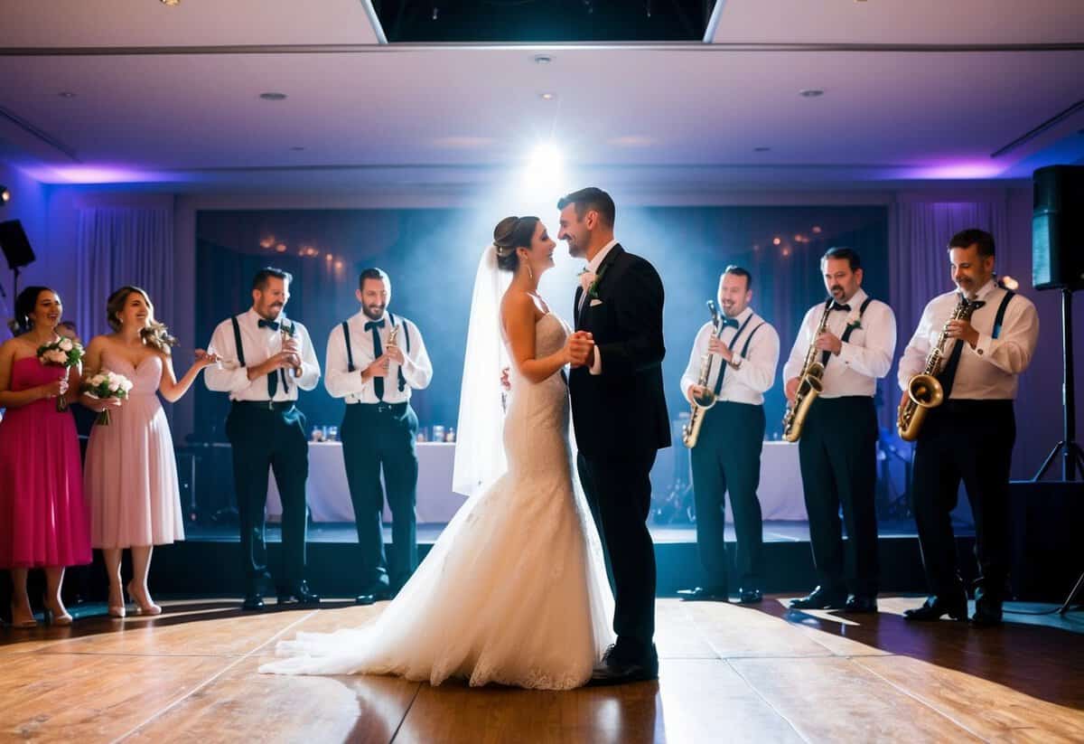 A spotlight shines on the dance floor, where the bride and groom stand ready for their first dance. The band plays a soft melody, setting the romantic tone for the evening