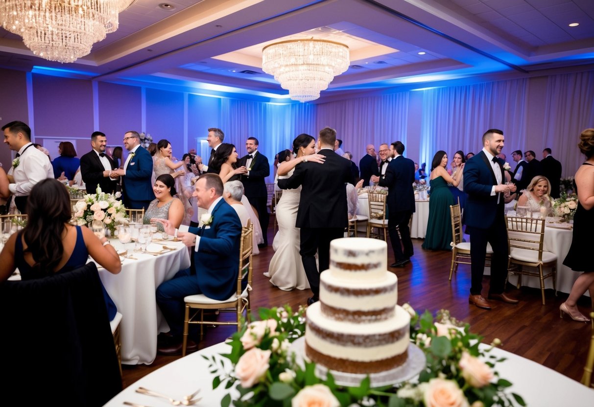 Guests mingling, dining, and dancing in a decorated reception hall with a wedding cake and floral centerpieces on the tables