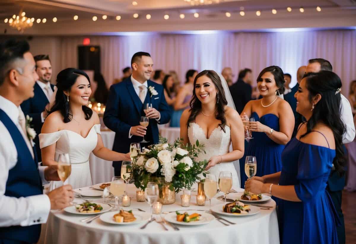 The wedding reception begins with cocktail hour, followed by dinner, toasts, cake cutting, and dancing