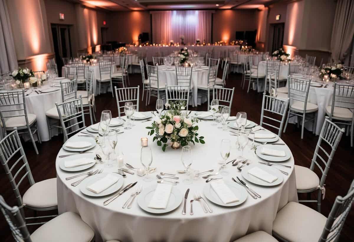 The bride and groom's table is set with elegant place settings and a floral centerpiece, while the rest of the guests' tables are arranged neatly around the dance floor