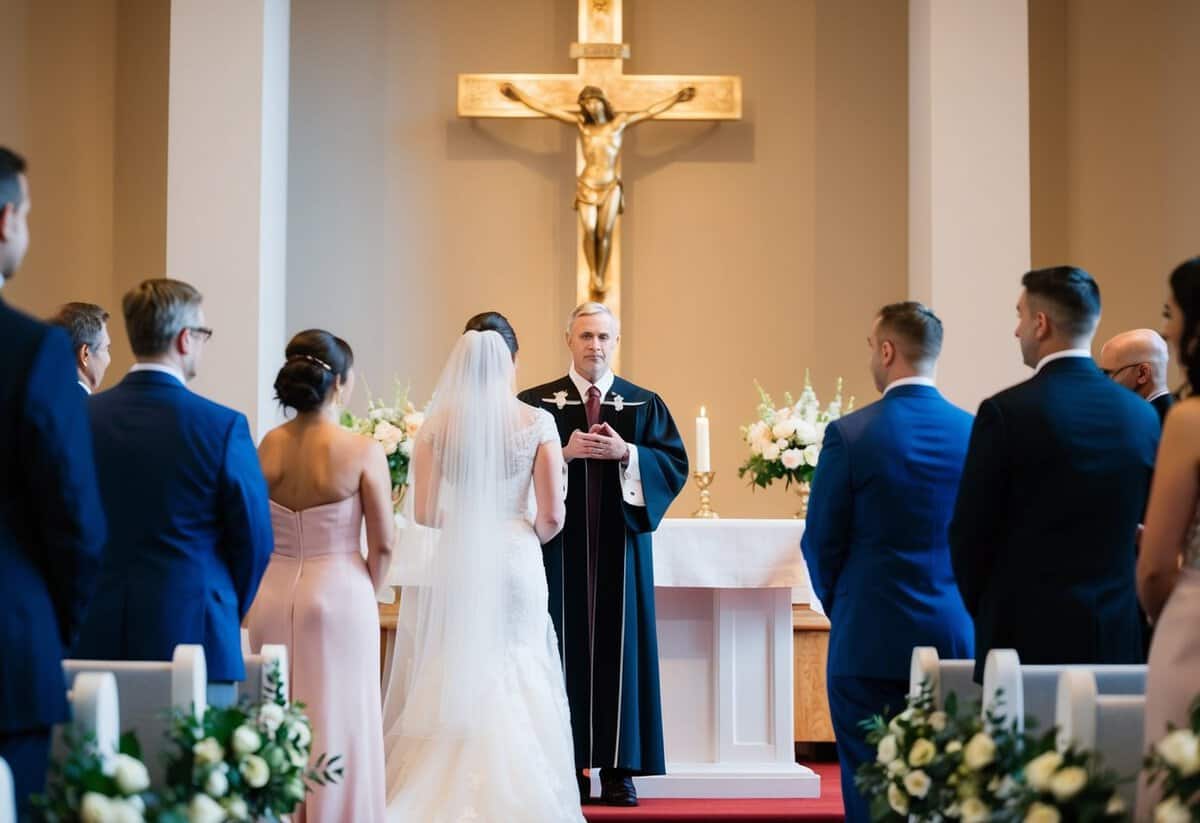 A figure stands at the altar, facing the bride, with a sense of authority and responsibility