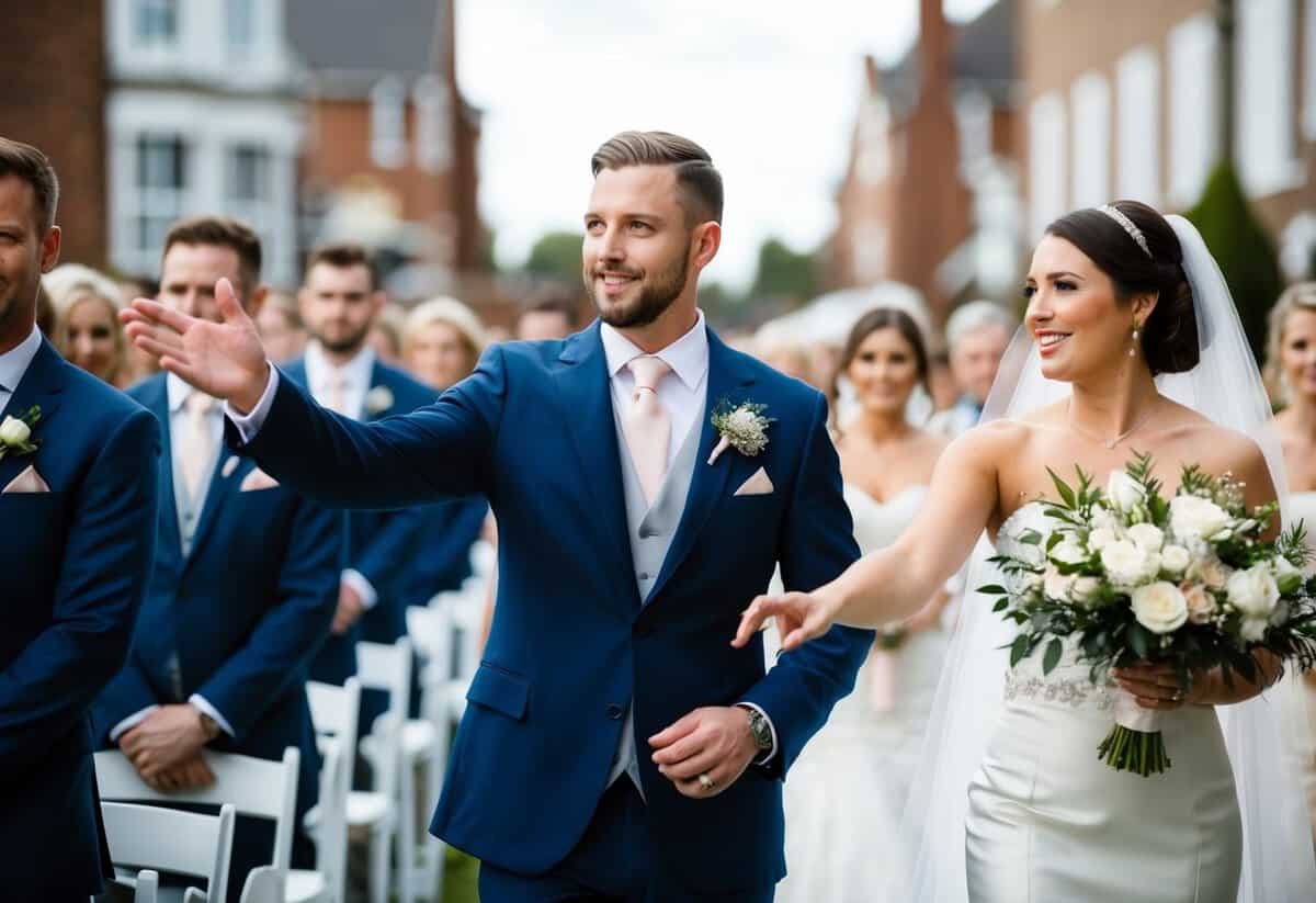 A figure standing at the front of a wedding procession, gesturing towards the bride
