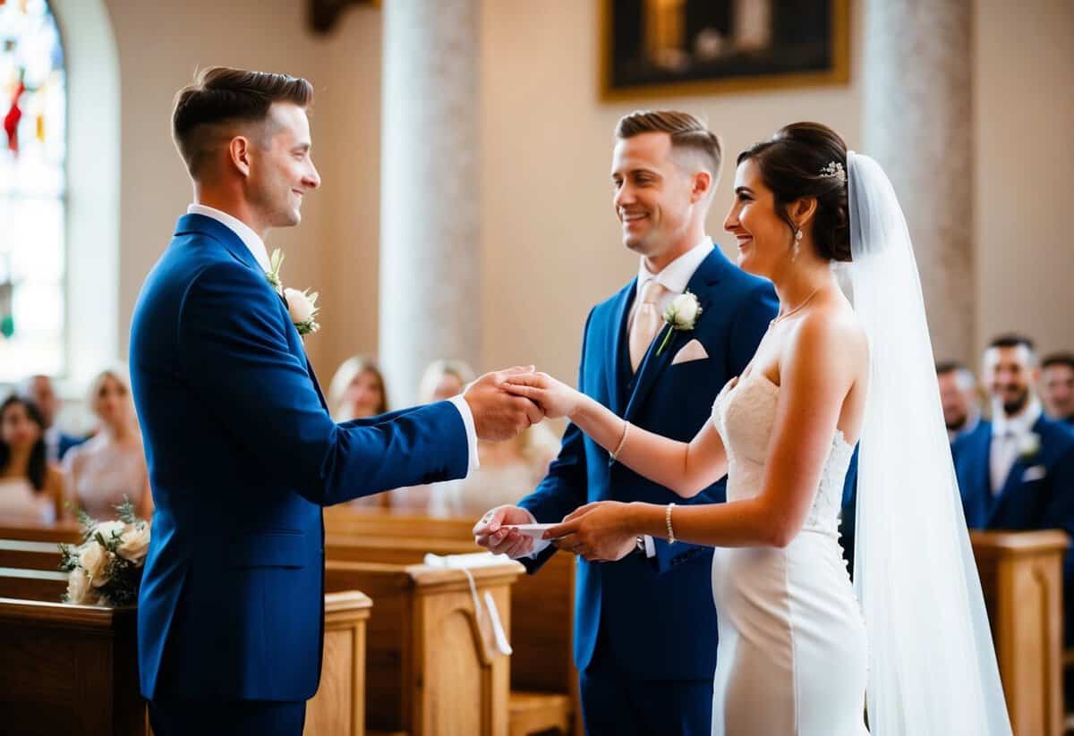A figure stands at the altar, holding the bride's hand and passing her to the groom, symbolizing the act of giving her away
