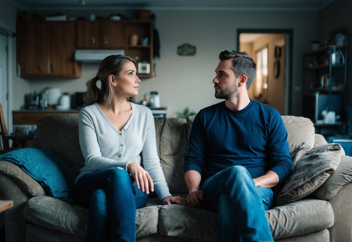A couple sitting on a worn-out couch, each looking in opposite directions with a noticeable distance between them. The room is cluttered with neglected household items