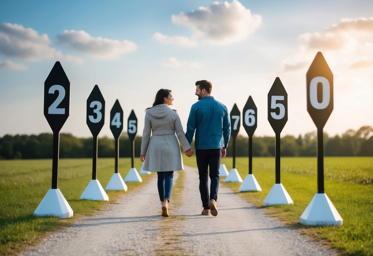 A couple walking hand in hand along a path, passing by a series of milestone markers, symbolizing the progression of their relationship after ten dates