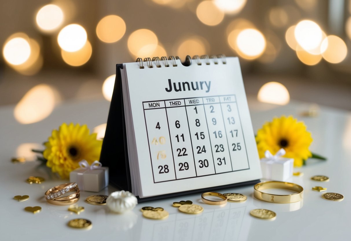 A calendar with highlighted dates, surrounded by wedding-related decorations and symbols