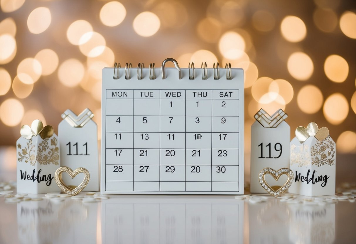 A calendar with highlighted dates, surrounded by wedding-related symbols and decorations