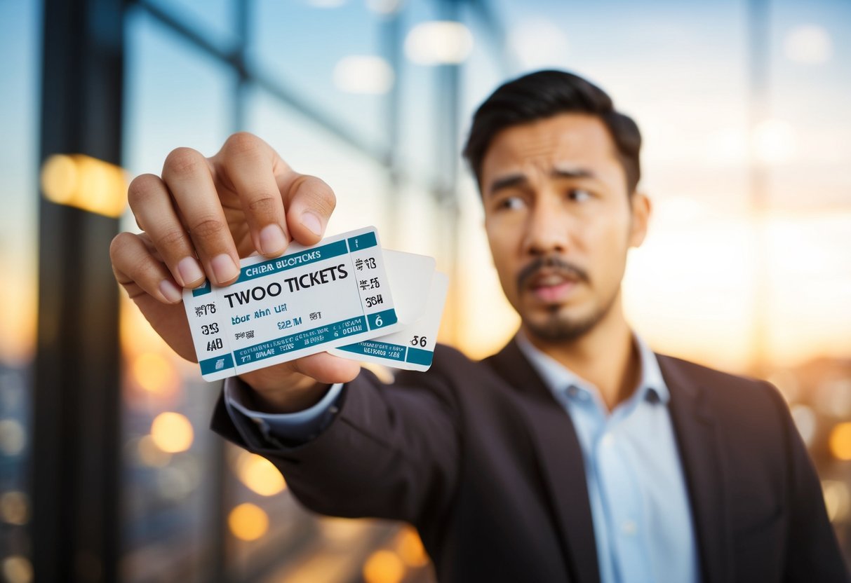 A person holding two tickets, gesturing questioningly