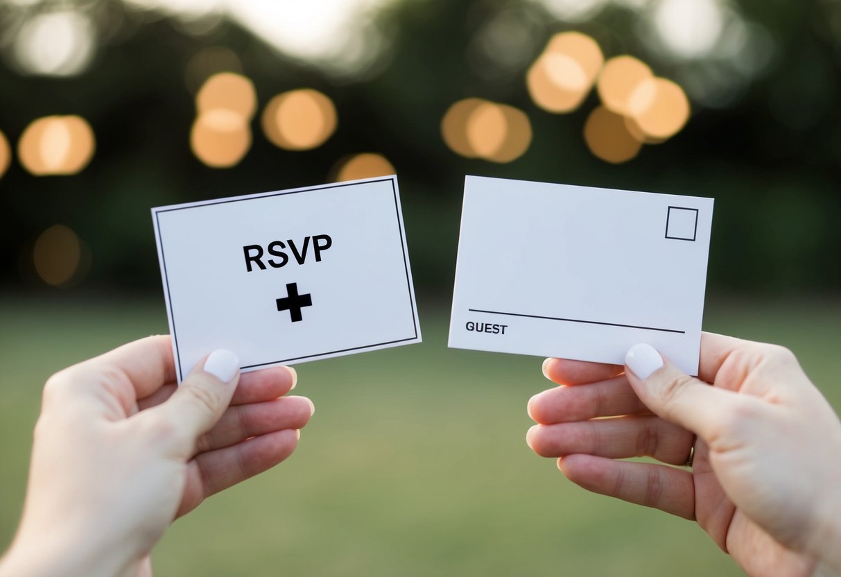 A hand holding two RSVP cards, one with a plus one option and the other with a blank space for the guest's name