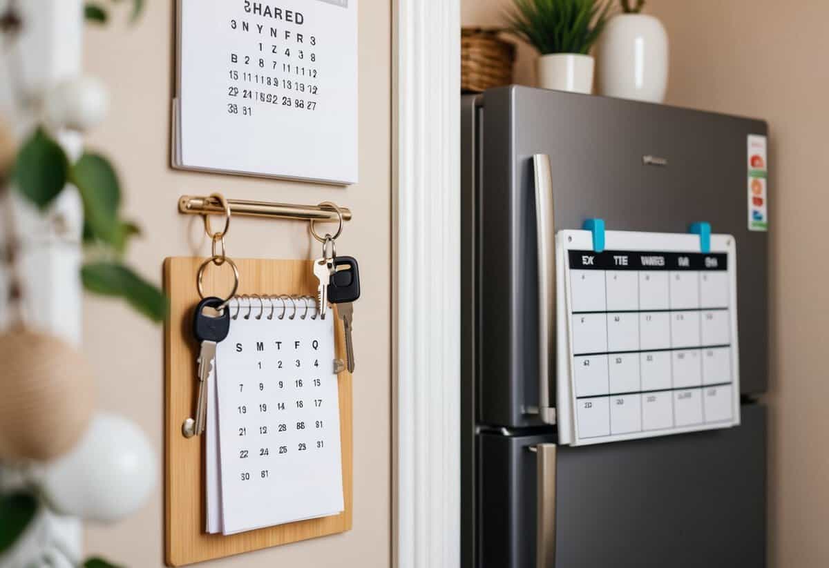 A cozy apartment with two sets of keys hanging on the wall, a shared calendar on the fridge, and two toothbrushes in the bathroom