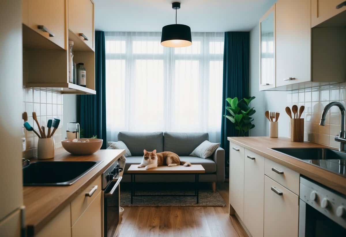 A cozy apartment with two toothbrushes in the bathroom, shared cooking utensils in the kitchen, and a pet lounging in the living room