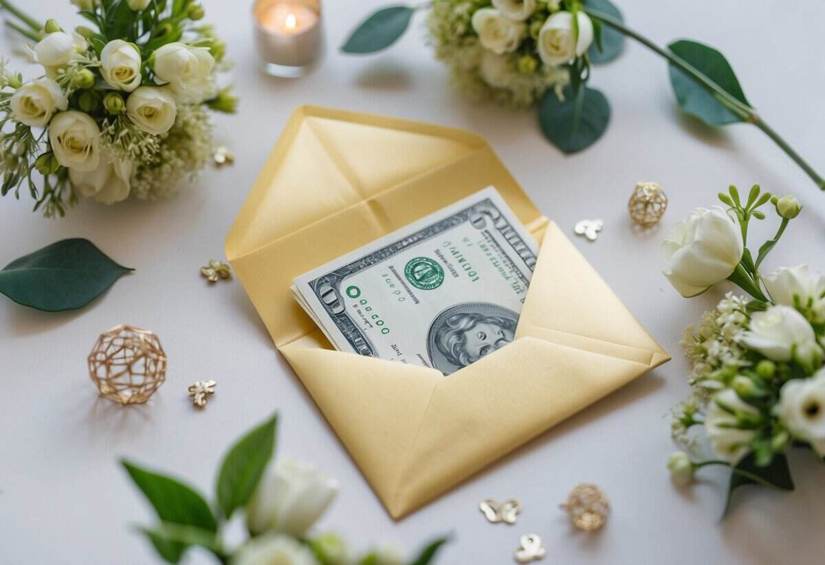 A wedding gift envelope with cash inside, surrounded by flowers and decorative elements