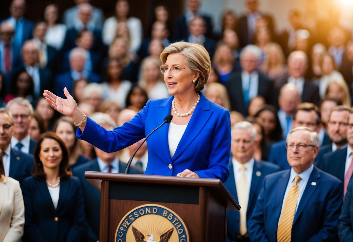 A person standing at a podium, surrounded by a crowd, gesturing and speaking confidently