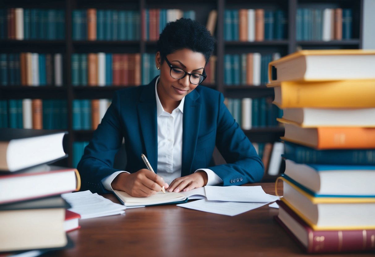 A person sitting at a desk, surrounded by books and notes, writing a speech with a pen and paper