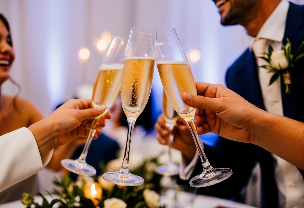 The champagne glasses clink together in celebration, capturing the joyful atmosphere of a wedding reception