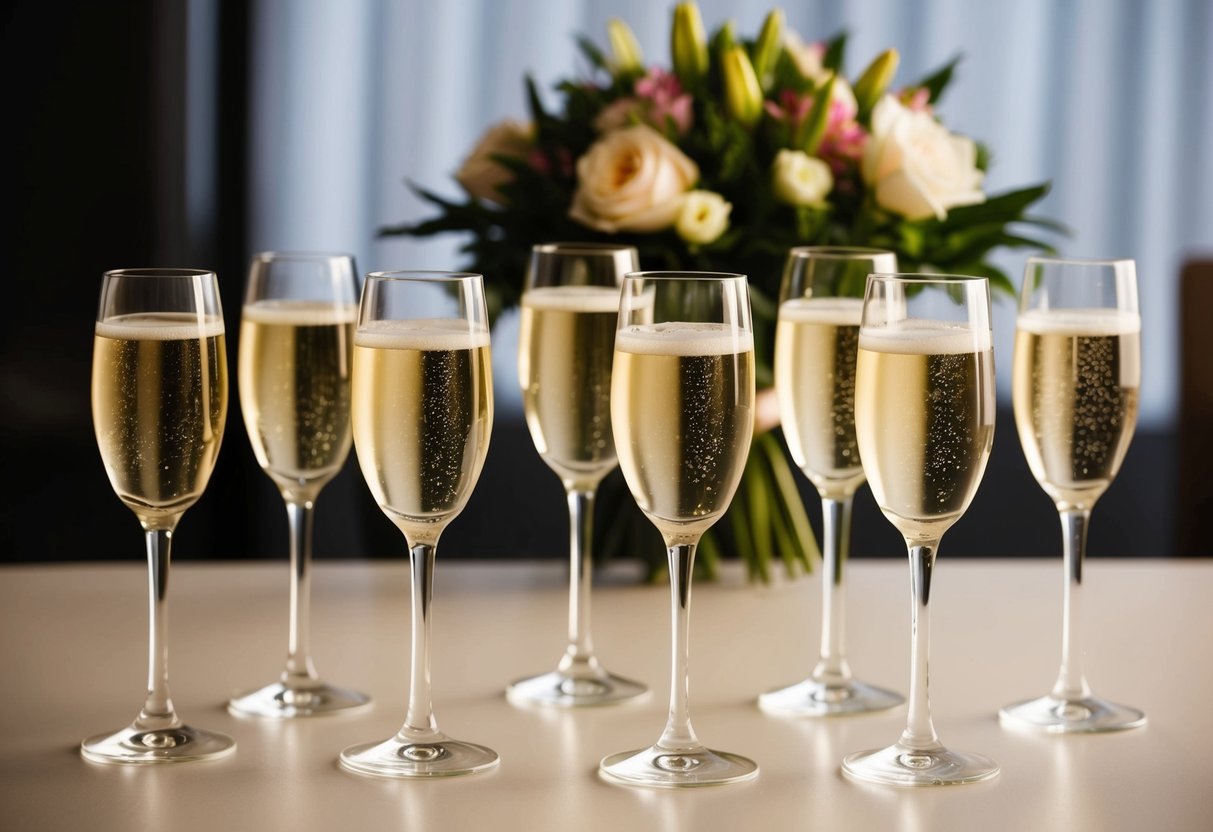A group of glasses filled with champagne arranged on a table, with a bouquet of flowers in the background