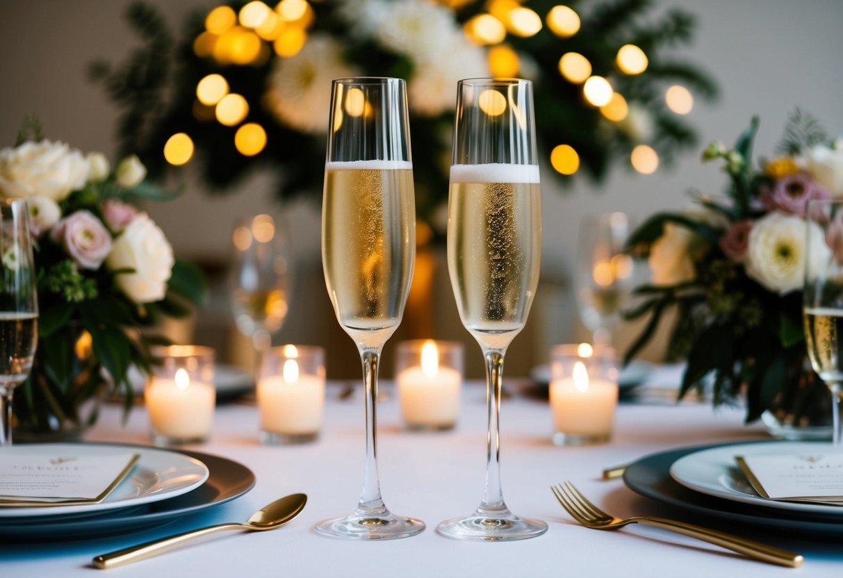 A table set with two glasses of champagne, one slightly taller than the other, surrounded by floral centerpieces and glowing candlelight
