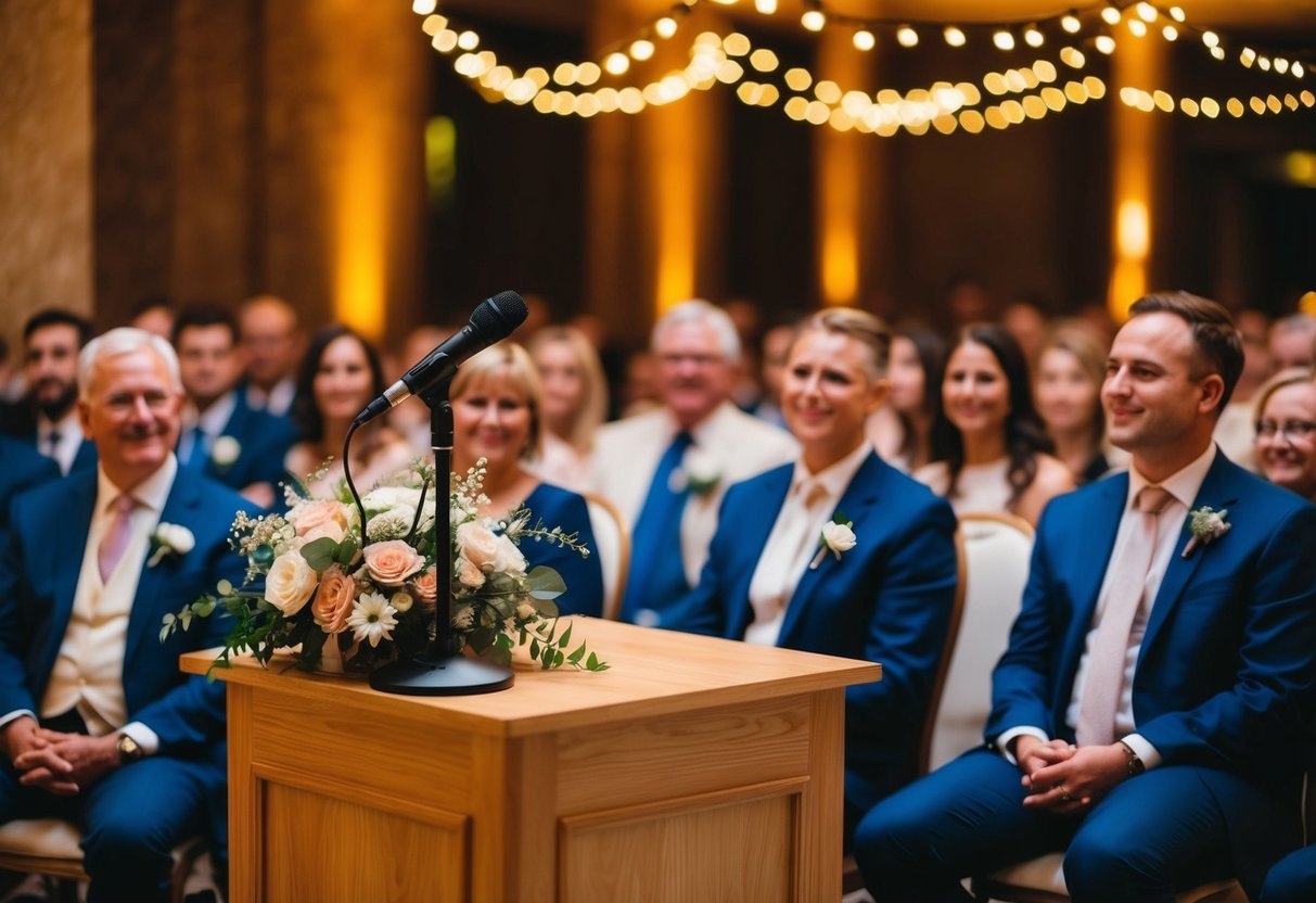 A microphone stands on a podium, surrounded by flowers and twinkling lights. A warm, inviting atmosphere fills the room as guests eagerly await the upcoming speeches