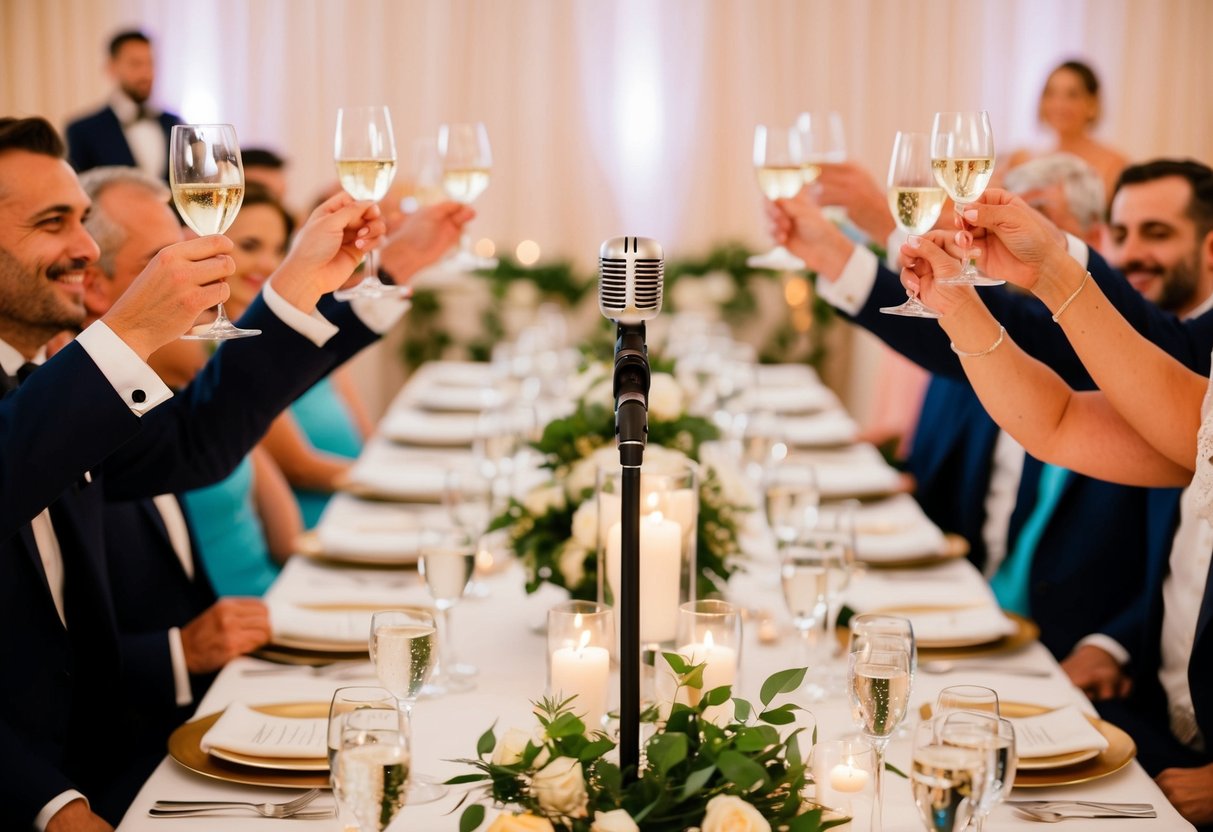 A wedding reception with a microphone on a podium, surrounded by tables set for a formal dinner, with guests raising their glasses for toasts
