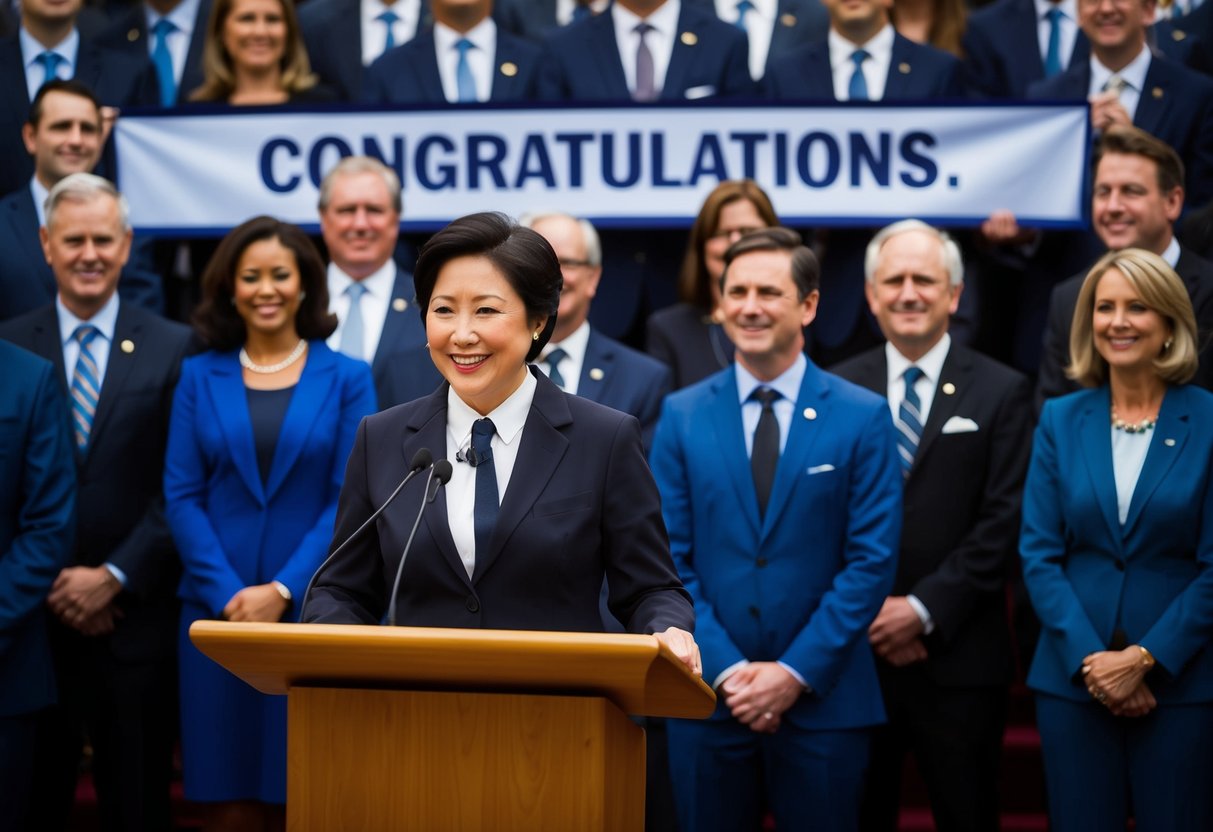 A person standing at a podium, with a microphone in front of them, surrounded by a crowd of people dressed in formal attire, and a banner that reads "Congratulations."