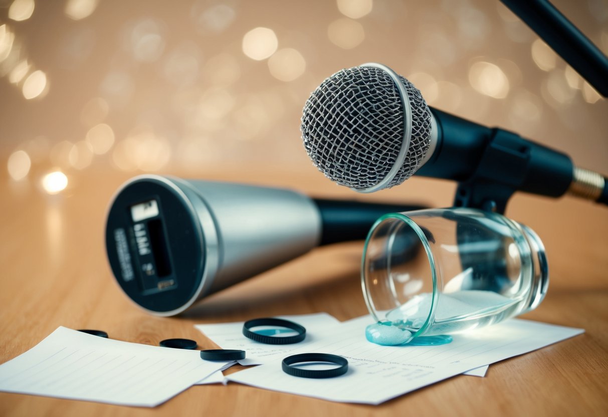 A microphone stand knocked over amidst scattered notes and a spilled glass of water