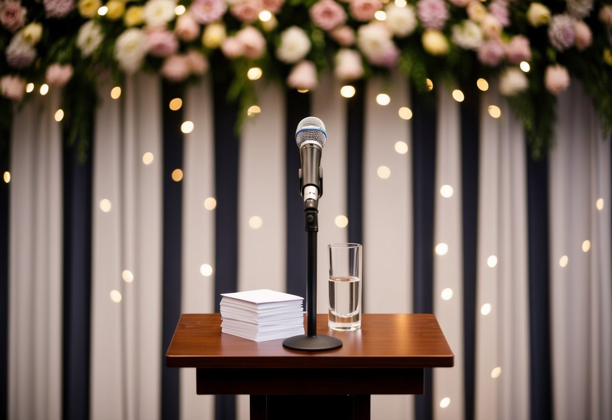 A podium with a microphone stands in front of a backdrop of flowers and twinkling lights, with a stack of note cards and a glass of water on the podium