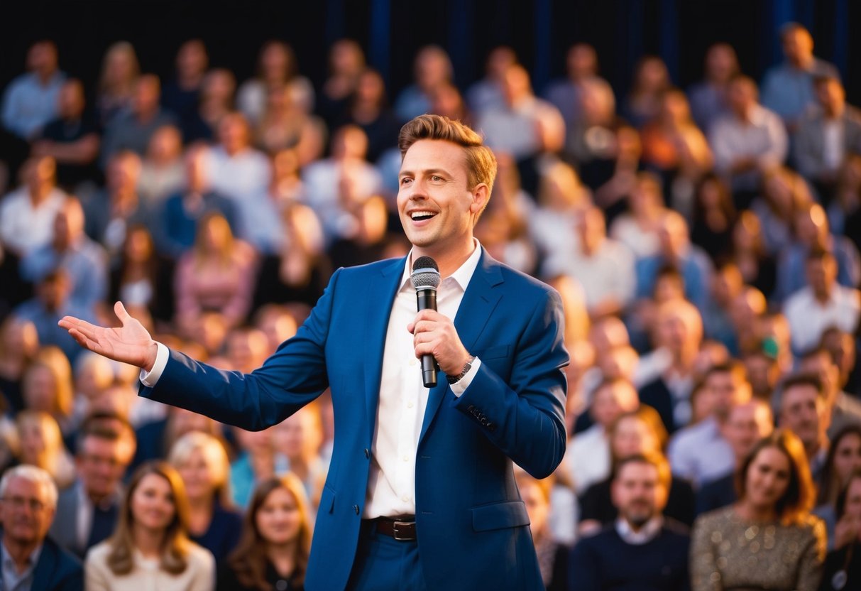 A person standing on a stage with a microphone, addressing a crowd with confidence and enthusiasm
