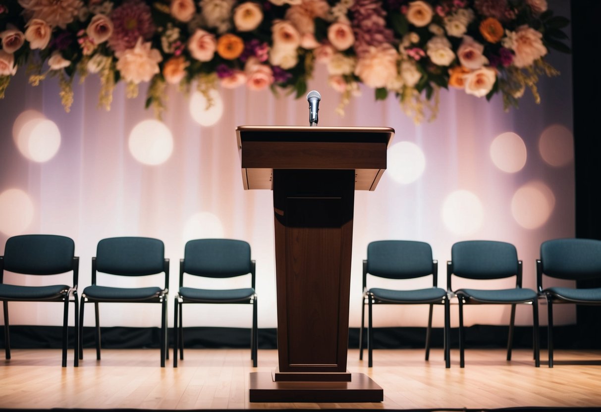 A podium with a microphone stands alone on a stage, surrounded by empty chairs and a floral backdrop