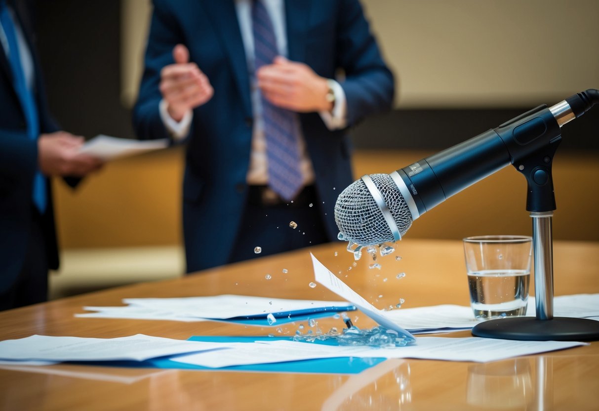 A microphone stand knocked over, scattering papers and spilling a glass of water, as the speaker stumbles and fumbles through the end of the speech