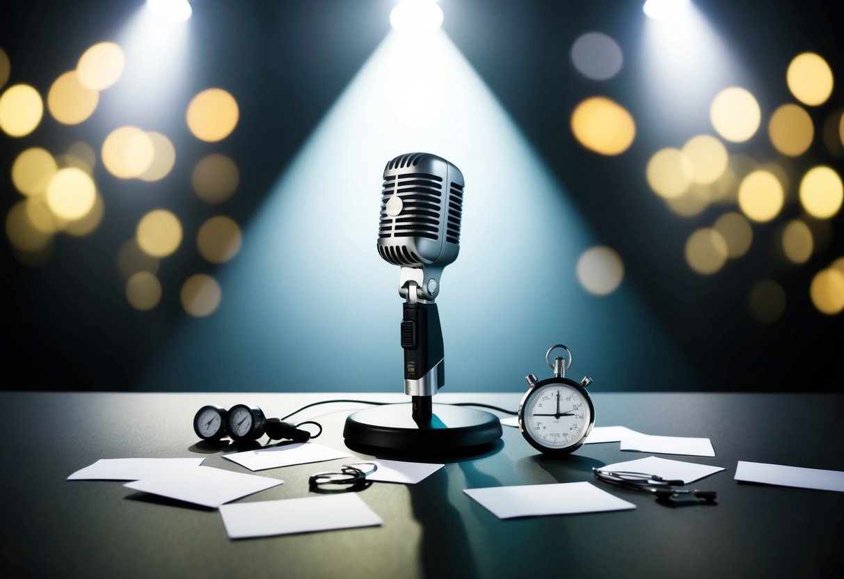 A microphone stand on a stage with a spotlight shining down, surrounded by scattered note cards and a stopwatch