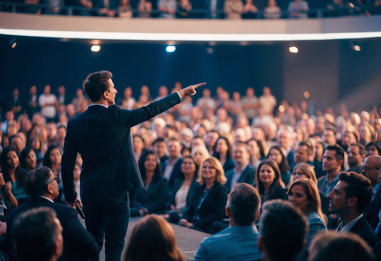 A person standing in front of a crowd, gesturing towards an empty stage with a microphone, while the audience looks on with anticipation