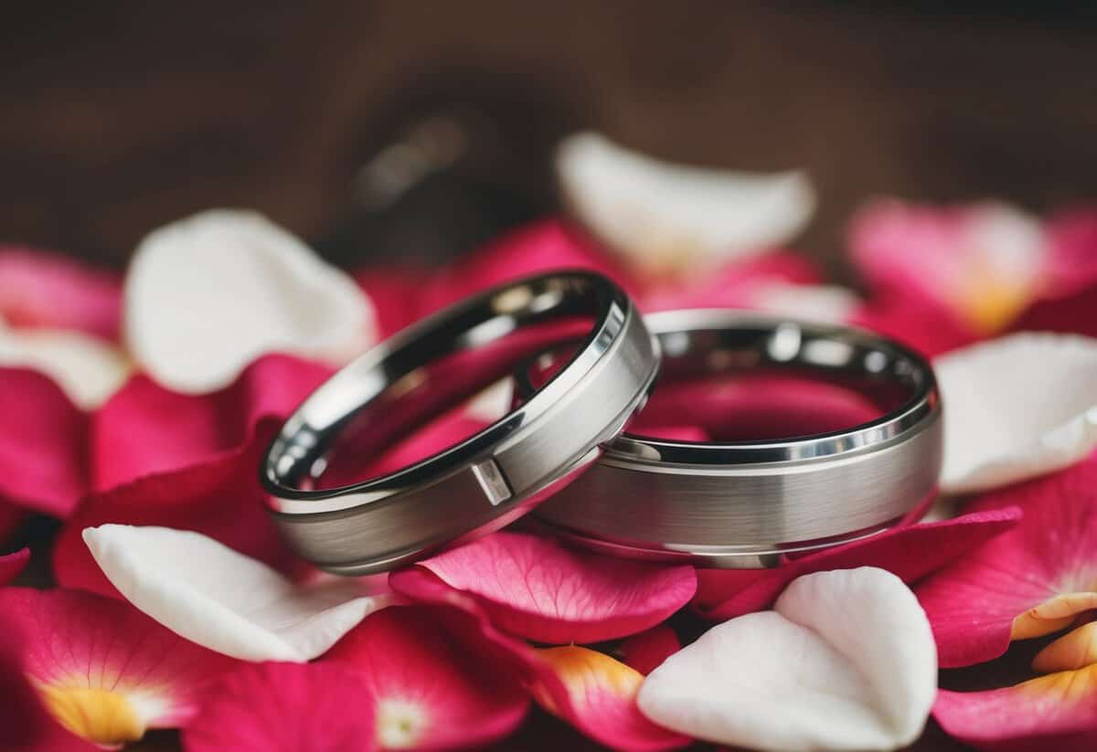 A pair of interlocked wedding rings resting on a bed of rose petals