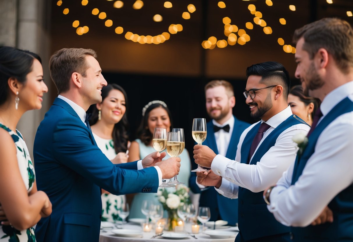 A group of people cringing as a speaker makes a toast, with awkward expressions and crossed arms