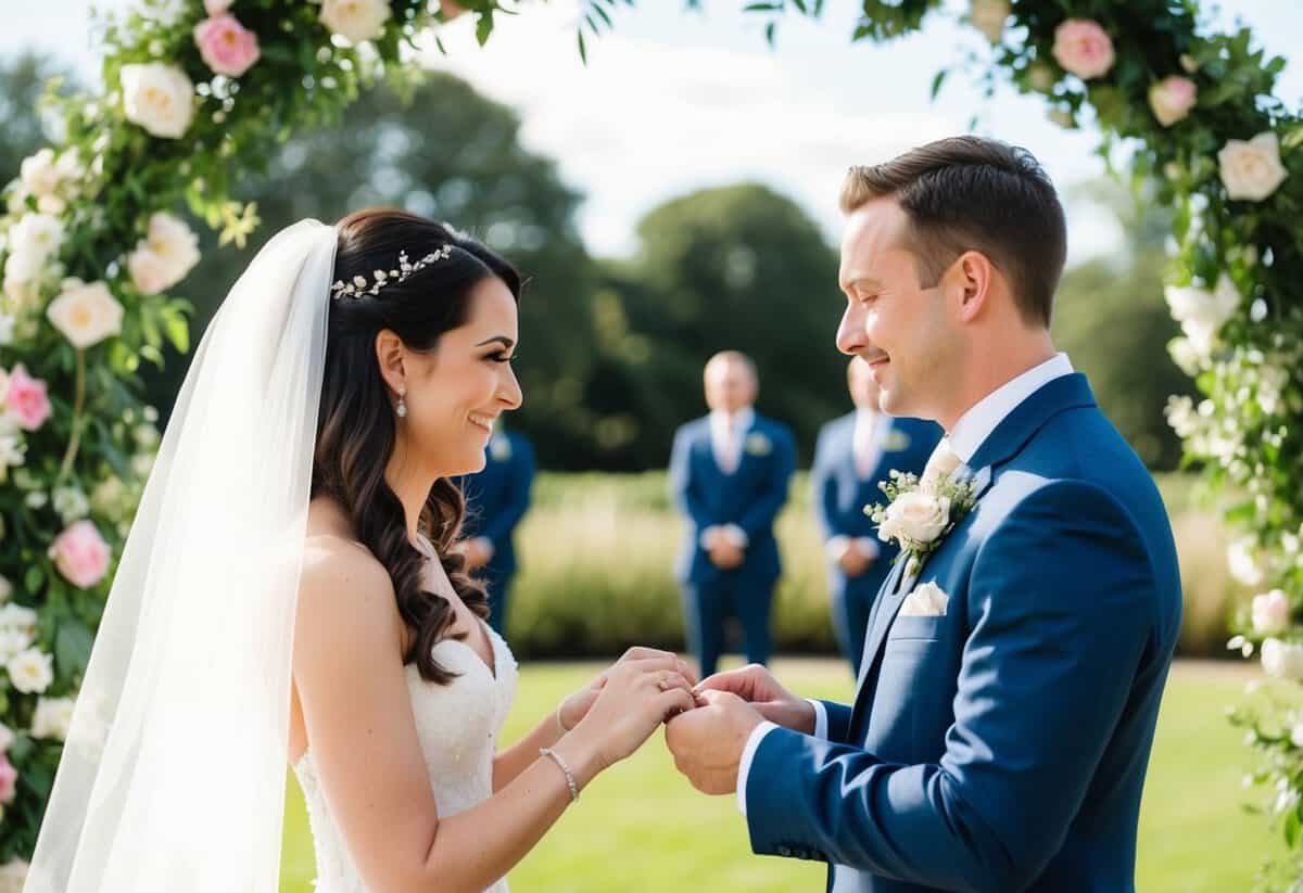 A bride and groom exchanging rings under a floral archway
