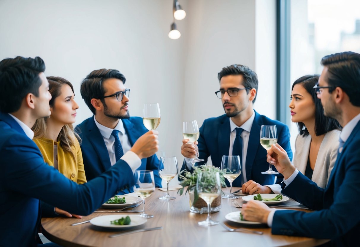 A group of people gathered around a table with glasses raised, one person looking uncomfortable as another speaks