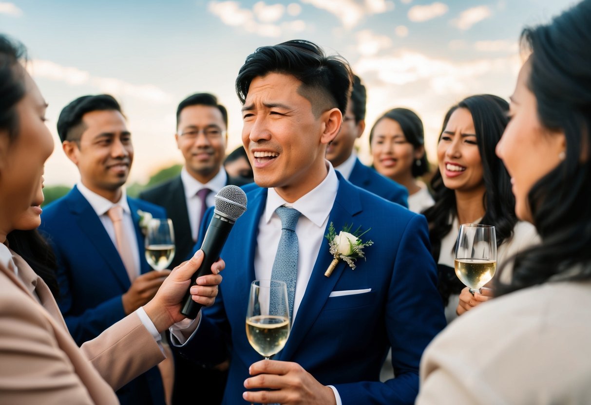 A person holding a microphone, surrounded by a group of people, with a pained expression as they make a toast