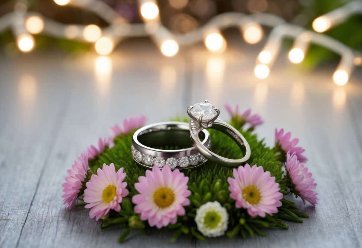 A pair of wedding rings resting on a bed of fresh flowers, surrounded by twinkling fairy lights