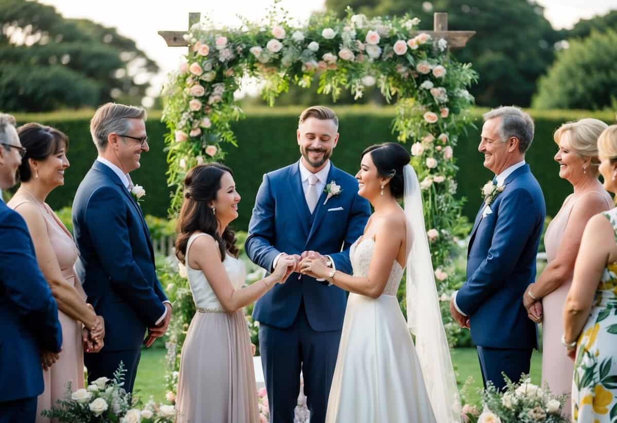 A joyful couple surrounded by family and friends, exchanging vows and rings at a beautifully decorated altar in a serene garden setting