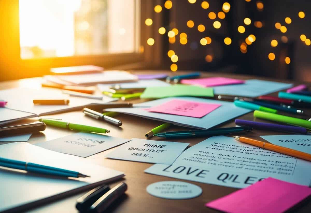 A table scattered with colorful pens, elegant paper, and scattered love quotes. A warm glow from a nearby window illuminates the creative chaos