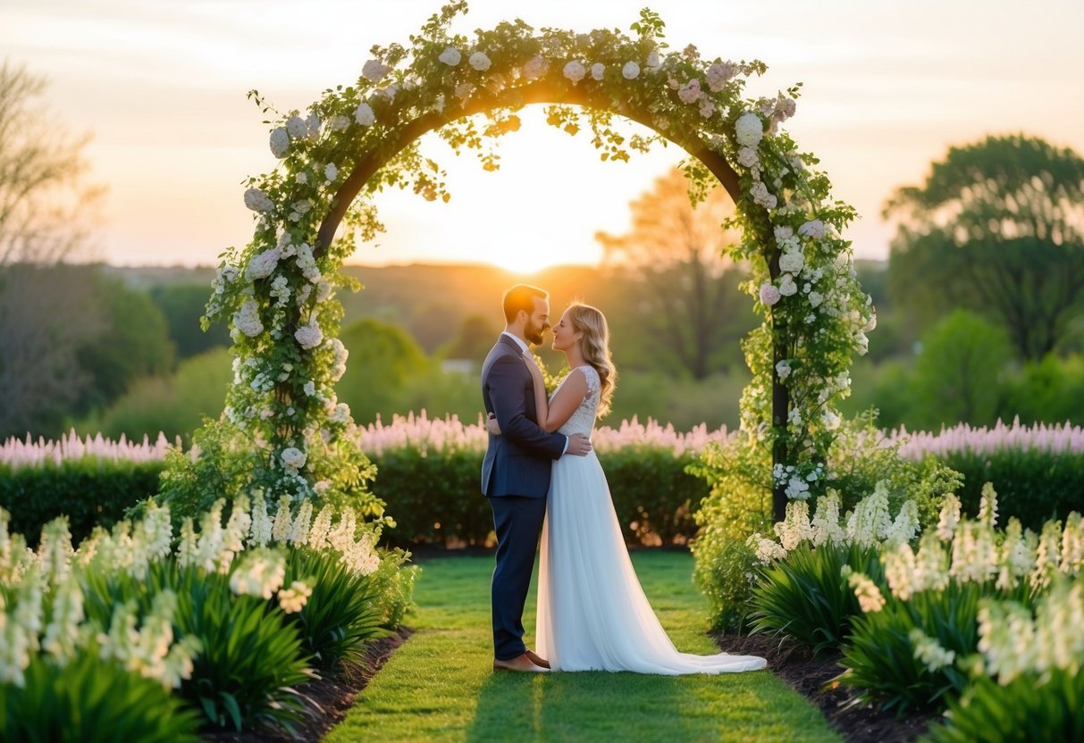 A couple standing under a blooming archway, surrounded by lush greenery and delicate flowers, with the sun setting in the background