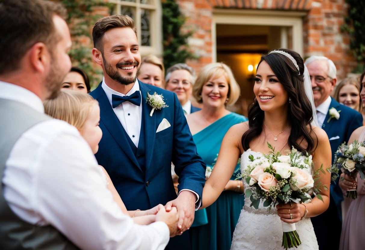 A couple holding hands, surrounded by friends and family, smiling as they listen to a heartfelt wedding toast